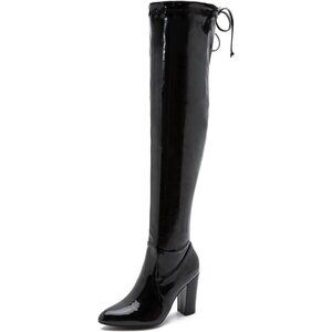 Women Black Pu Leather Pointed Toe Zipper Over The Knee Thigh High Long Boots